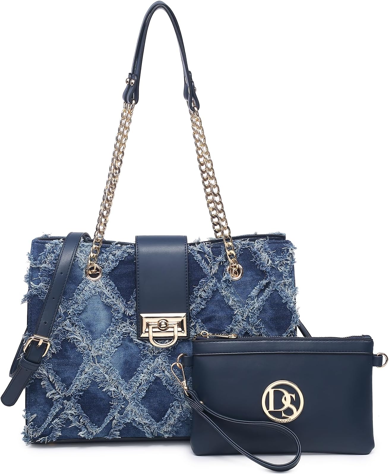 Hobo Handbag Vegan Leather Tote Chain Shoulder Purse for Women Satchel Bag With Matching Clutch (Jean)