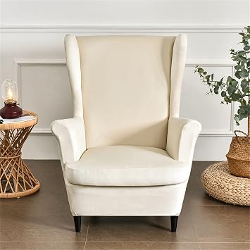 Wing Chair Slipcover 2 Piece Set - 2 IN 1 Design Removable Soft Velvet Wingback Chair Covers Armchair Stretch Covers Furniture Protector for Wingback Chairs Living Room Bedroom Hotel Beige