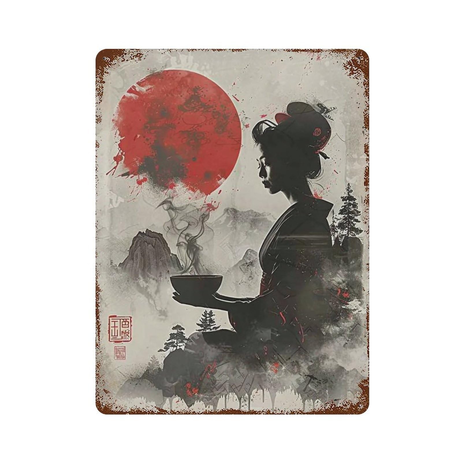 YHGERTKU Japanese Woodblock Print Zen Woman Steaming Tea 03 Wall Art Retro Iron Vintage Metal Tin Sign Poster Modern Decor for Living Rooms Gift 40x30cm