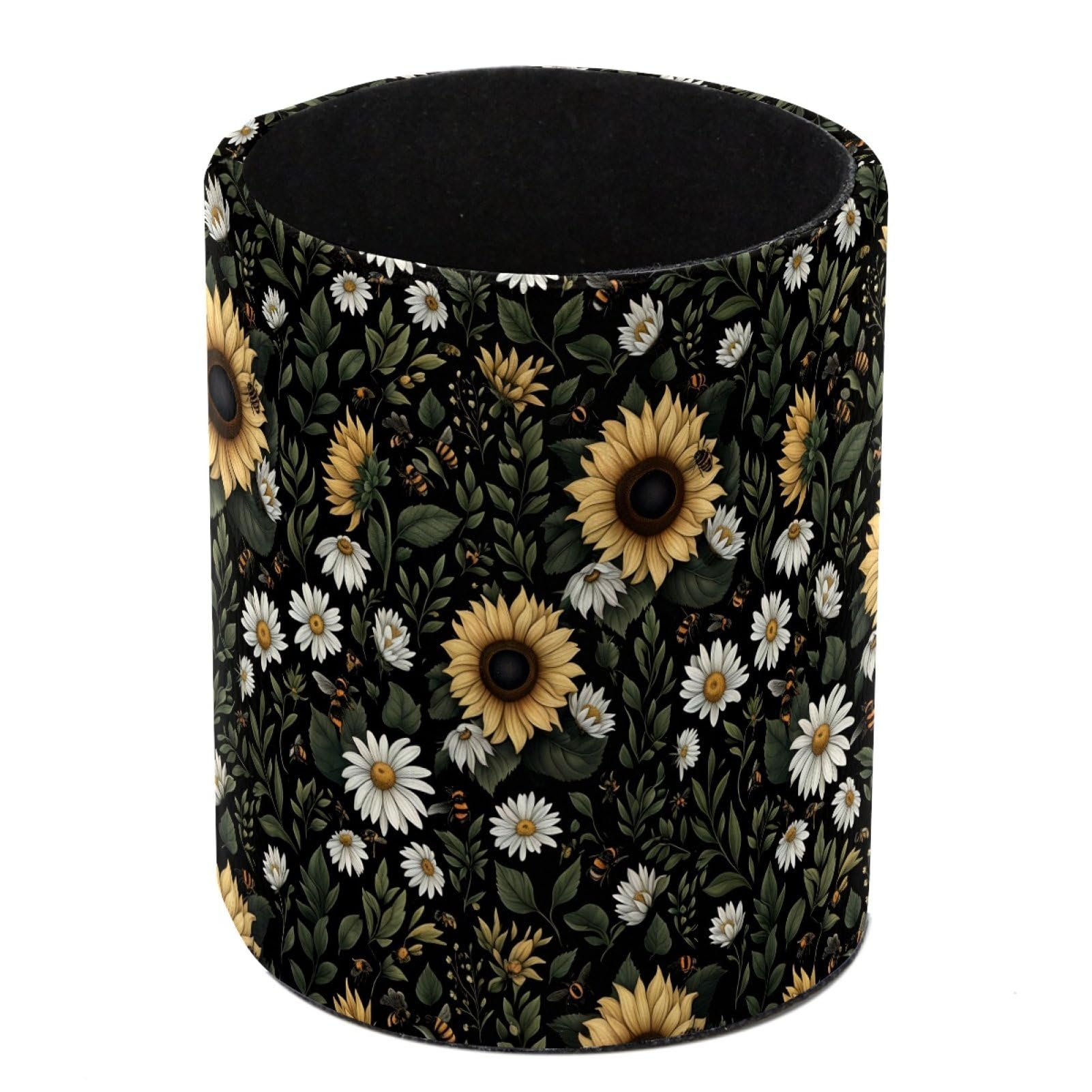 HEOEH Sunflower Daisy Pen Holder for Desk, PU Leather Pencil Holder Pen Cup Marker Holder Makeup Brush Holders, Desk Accessories & Workspace Organizers for Home, Office