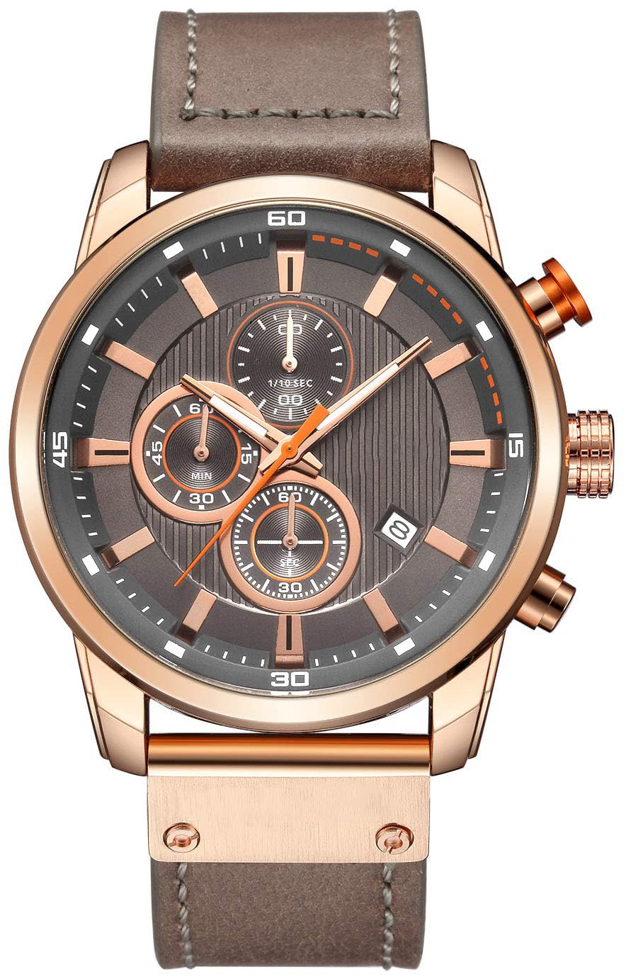 Mens Sport Military Analog Quartz Watch Chronograph Classic Casual Business Dress Waterproof Watch Multifunctional Wristwatch with Leather Strap