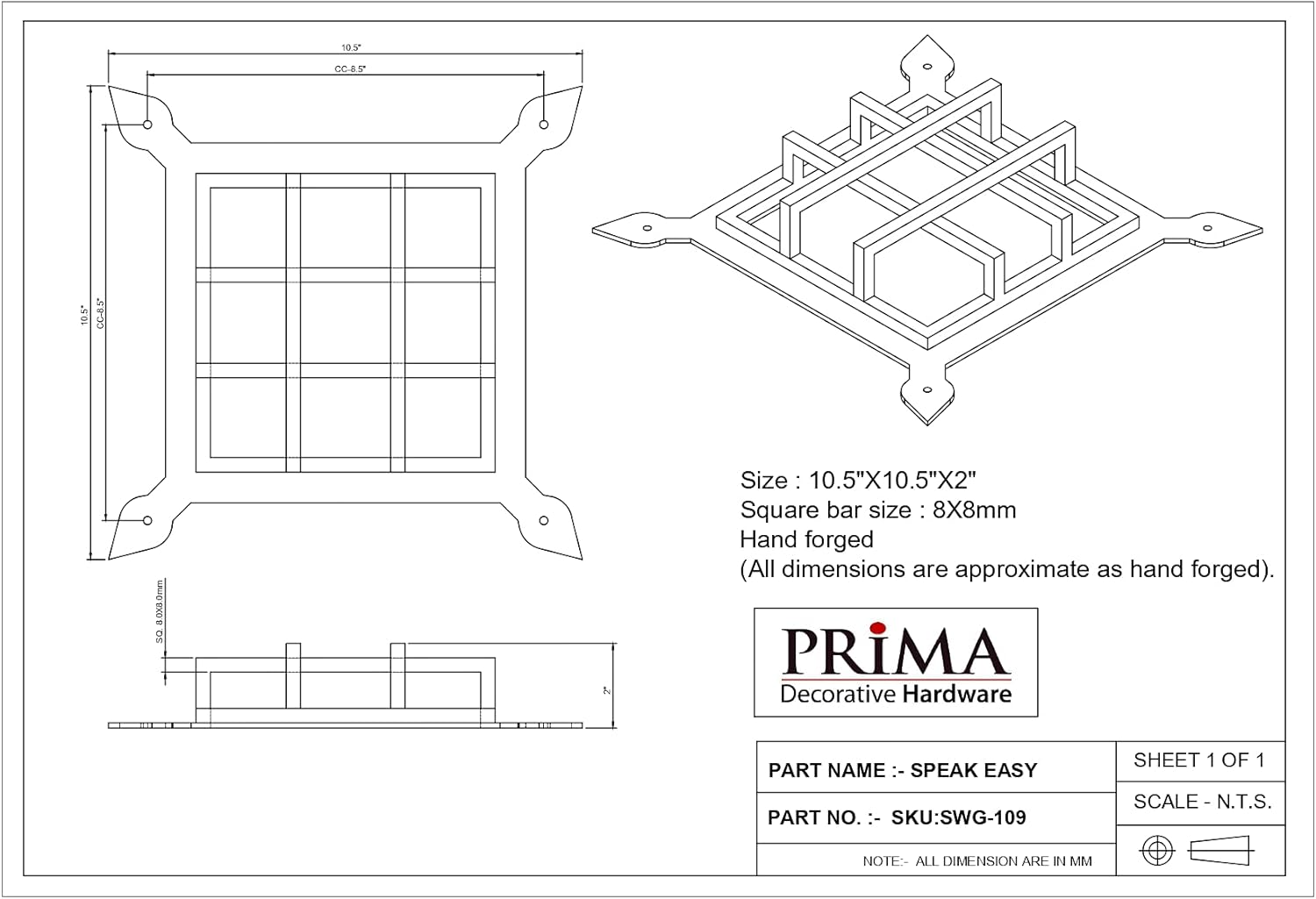 Prima Decorative Hardware Gate Speakeasy Grille - Iron Square Design 109, Black Powder Coated Finish Speakeasy Door Grille - for Solid Wood Passage Door, Wood Gates & Garage Door (10.5″x10.5″)