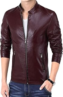 Maiyifu-GJ Men Casual Faux Leather Biker Jacket Stylish Stand Collar Bomber Jackets PU Leather Lightweight Motorcycle Coats (Red Wine,X-Large)
