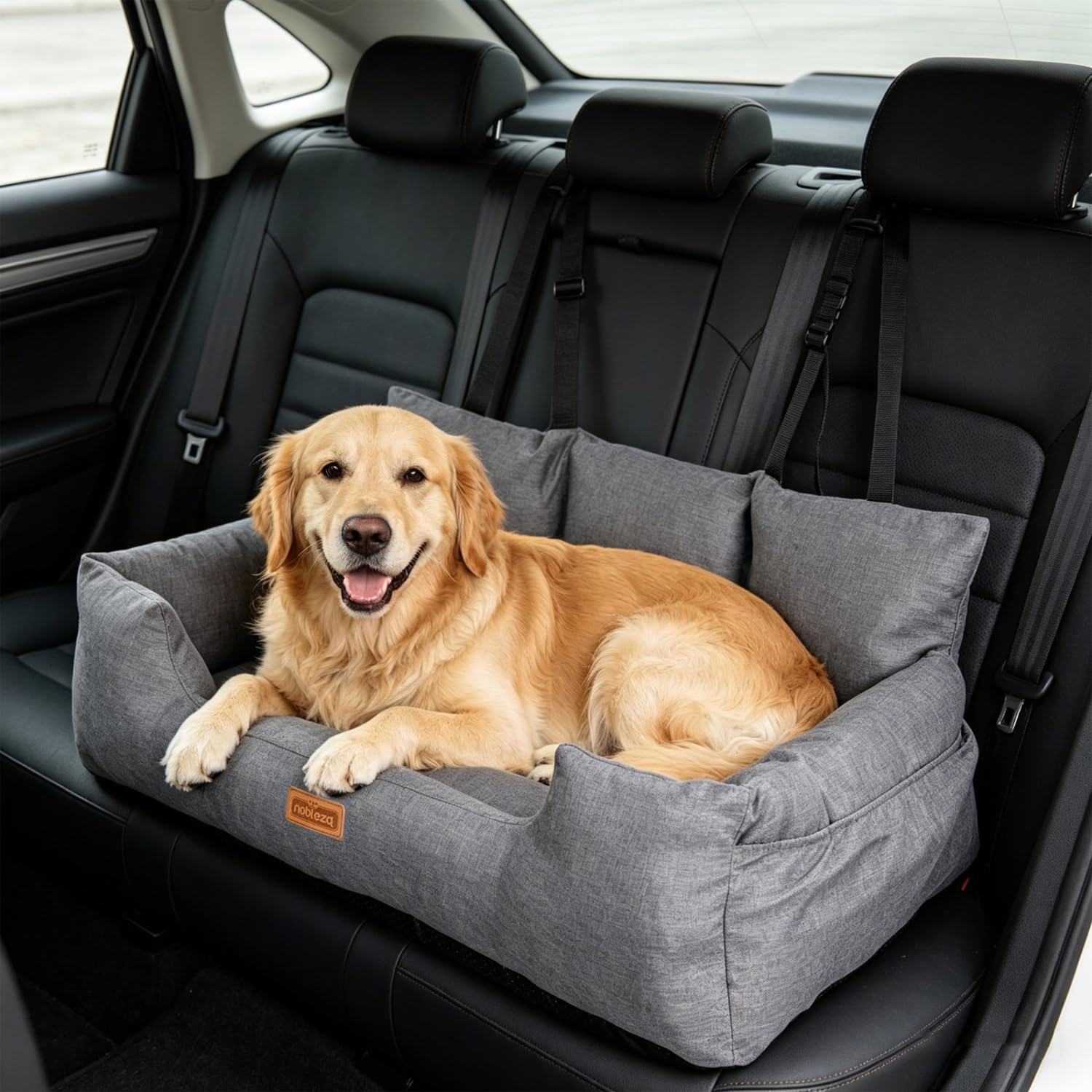 Nobleza - Hunde Autositz für Mittelgroße und Große Hunde, Abnehmbarer und Waschbarer Auto Reise Hundebett mit Staufächern und 2 Sicherheitsgurt, L92*W50*H40cm, Gris