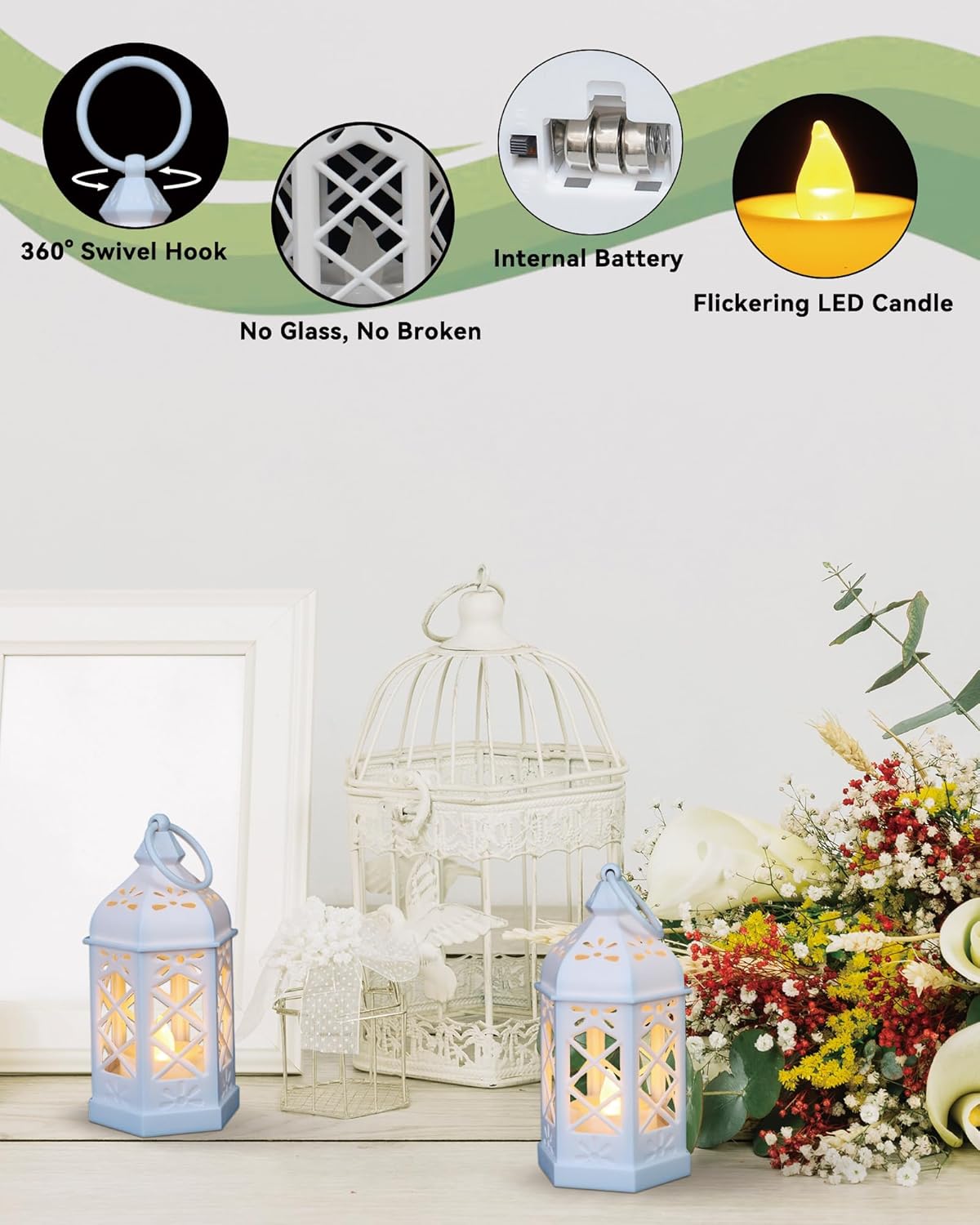 8-Pack Mini Lanterns for Ramadan, Wedding,Halloween,Christmas, Small Decorative Lanterns with LED Candle for Baby Shower Party, Moroccan Lantern for Table Centerpiece, Medieval Decor, White