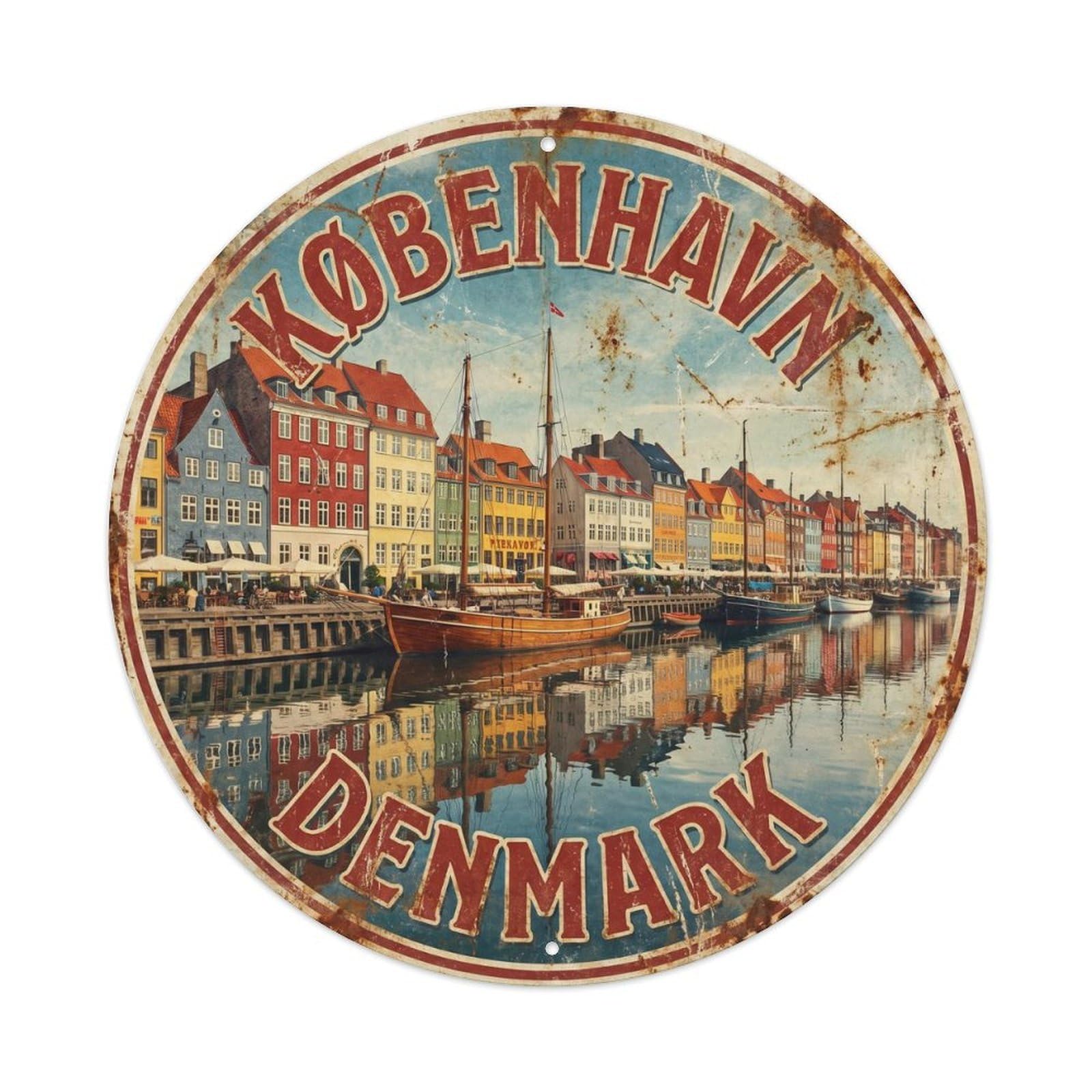 Vintage Travel Copenhagen Harbor Denmark 1 Metal Tin Sign Plaque Wall Decor for Cafe, Club Bar, Office, Home Garden Round Metal Poster 8x8Inch