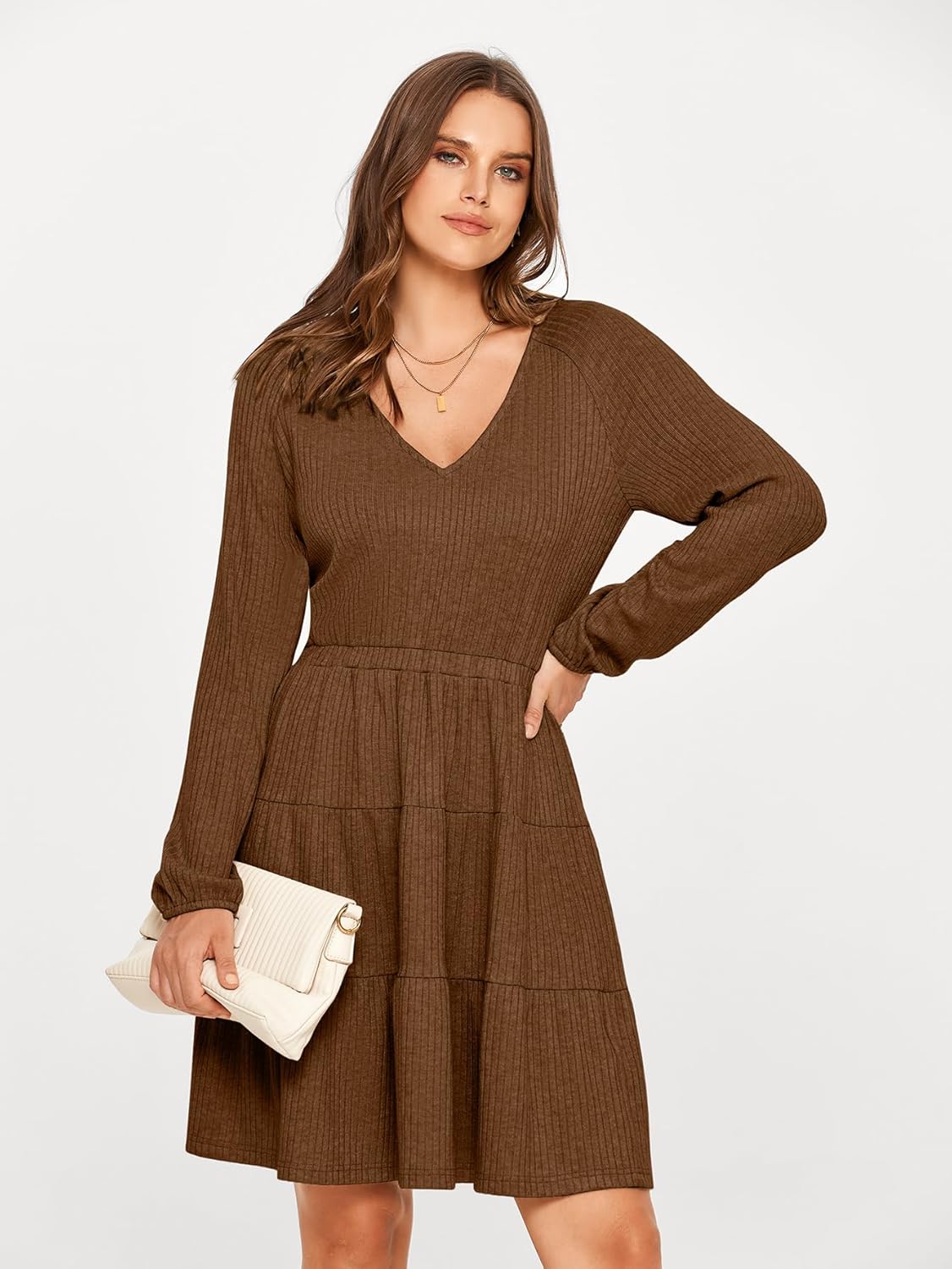 Glamaker Women's Long Sleeve Mini Sweater Dress 2024 Fall Ribbed Knit Dress Casual V Neck Ruffle Flowy Tiered Dresses - Image 3