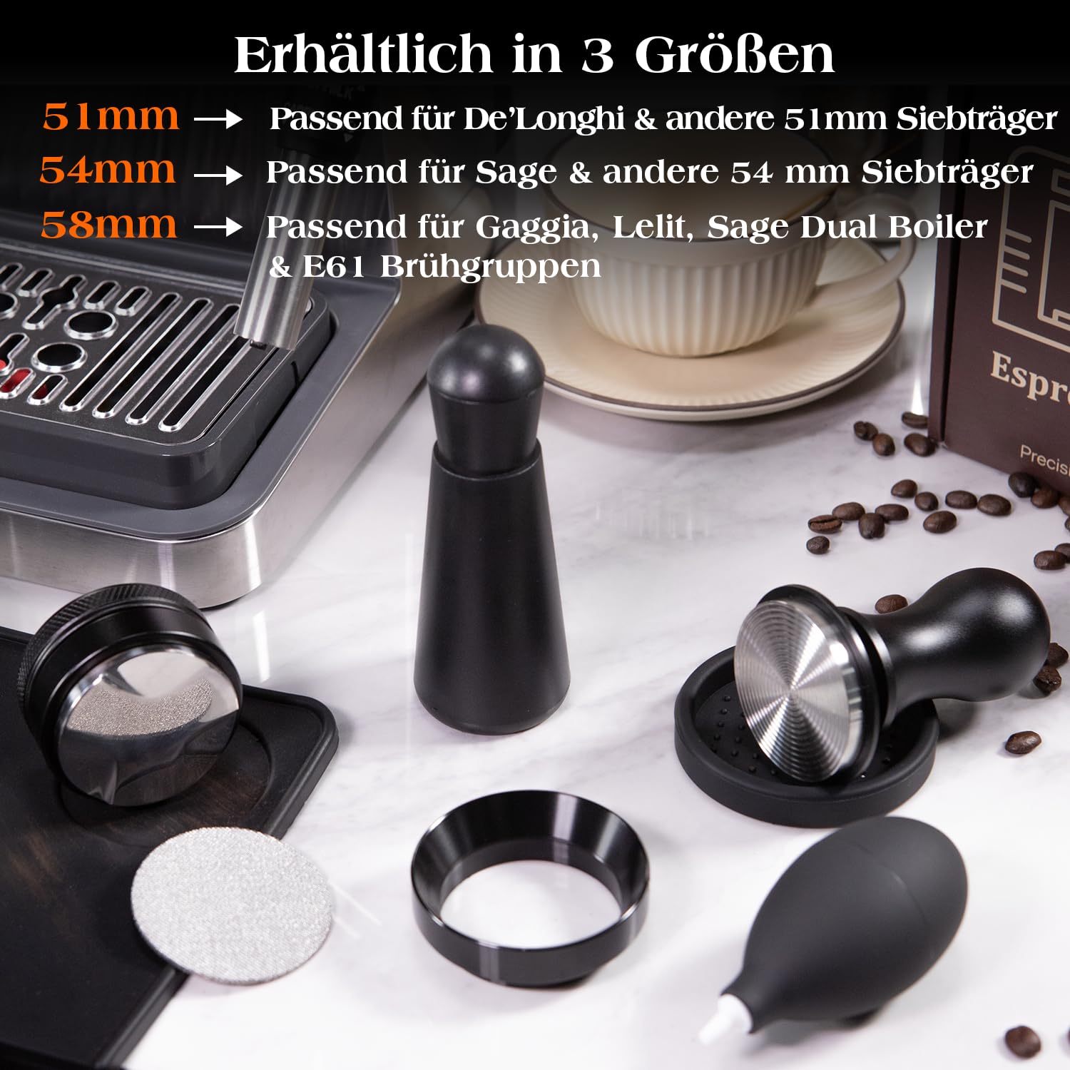 7-teiliges Espresso Zubehör Set 51 mm, Tamper, Kaffee Distributor, WDT Tool, Dosiertrichter und Puck Screen, kompatibel mit De’Longhi 51 mm Espressomaschinen und Siebträgern