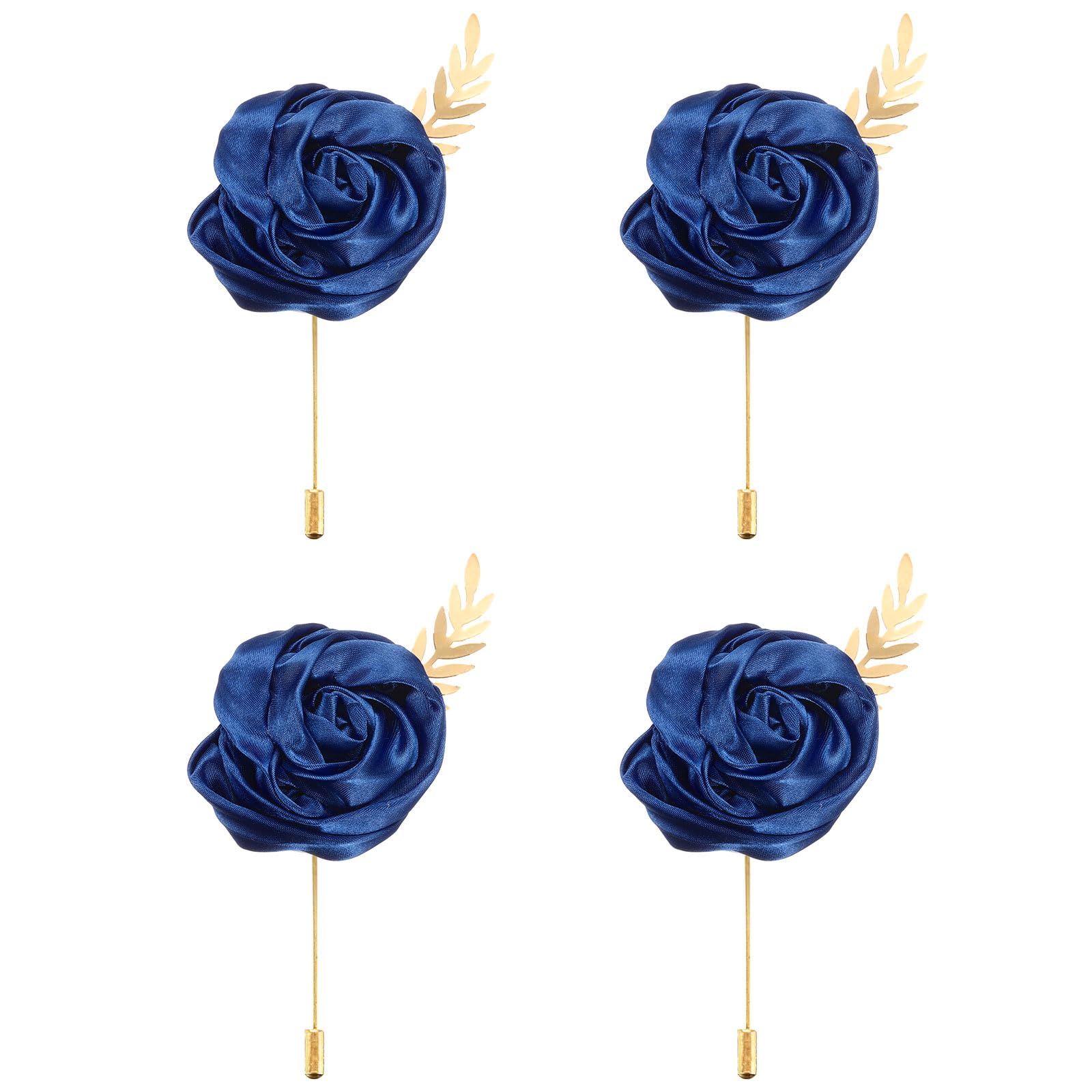 sourcing map 4pcs Navy Rose Boutonnieres Flower Buttonholes Pocket Boutonnieres Pins with Leaf for Wedding Ceremony Anniversary Prom Formal Dinner Party(4.7 x 2 Inch)