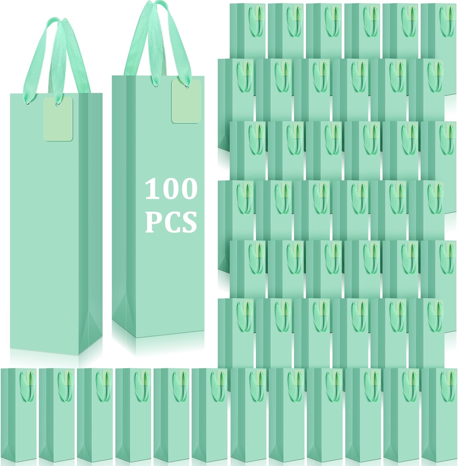 Windyun 50 Pack Wine Gift Bag Wine Tote Bags Bulk 3.9 x 3.5 x 13.8 Inch Kraft Paper Bag with Handles for Small Business Present Wedding Party Supplies (Green)