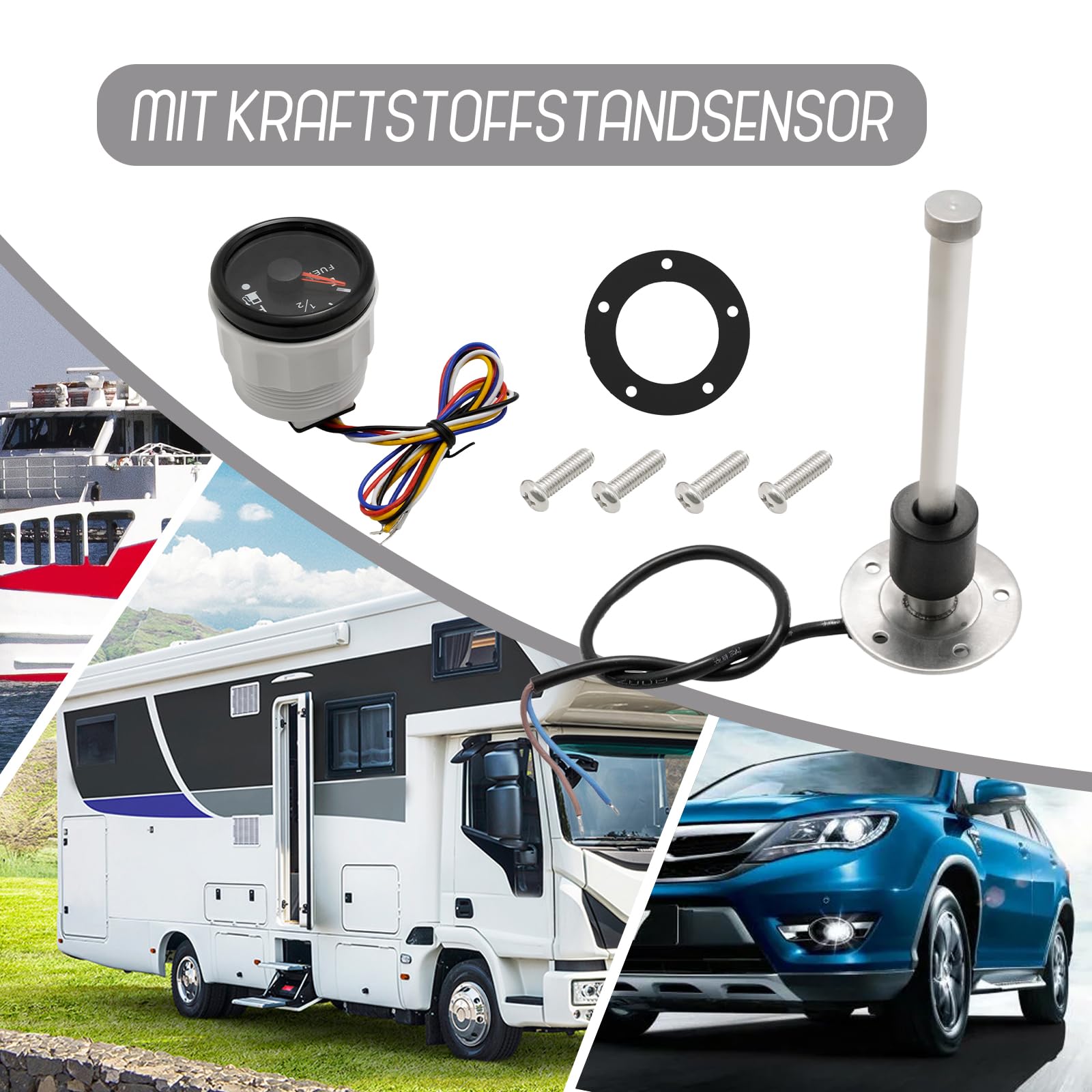 Hoypeyfiy 0-190 Ohm Kraftstoffstandsanzeige mit Kraftstoffstandssensor, 175mm Geeignet für 12 V/24 V, rote Hintergrundbeleuchtung Tankuhr mit Wasserstandssensor Kraftstoffsensor, für Auto Boot