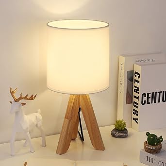 Small Table Lamp, Cute Kids Desk Lamp with Fabric Shade Wood Tripod Base Nightstand Lamp for Kids, Office, Study Room, Bedroom, Dorm, Coffee Table White