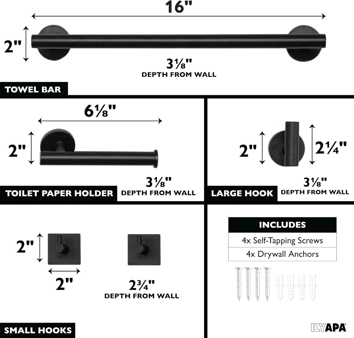 Ilyapa Bathroom Hardware Set Black, Wall Mounted 5 Piece Matte Black Towel Rack Set - Towel Bar, 1 Big Hook, 2 Small Hooks, Toilet Paper Holder, Bathroom Accessories with Mounting Hardware