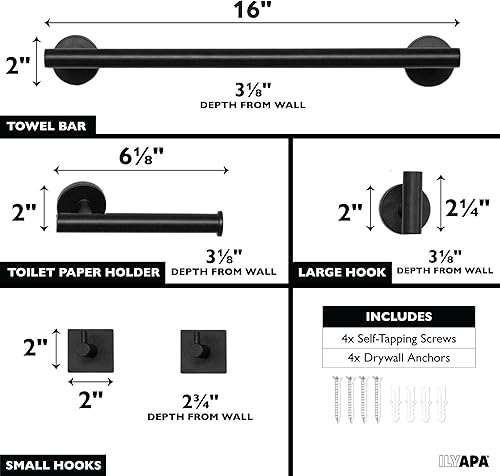 Miniatura 10 de Ilyapa Juego de accesorios de baño de níquel cepillado, montaje en la pared, juego de 5 toallas de baño de níquel satinado, barra de toalla, 1