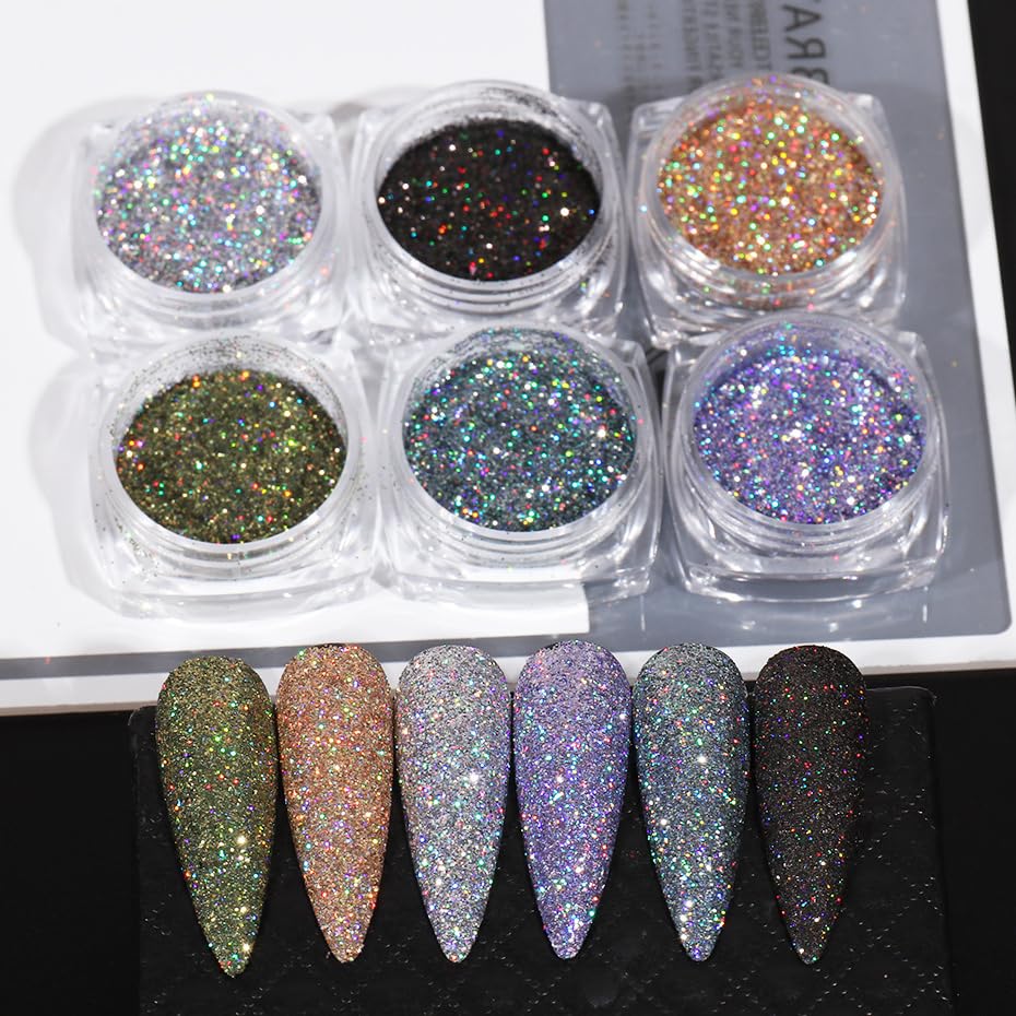 Holographic Nail Art Sequins Glitter Powder Kits 6 Boxes 3D Nails Glitter Metallic Shining Flakes Acrylic Powder Dust Sequins for Nails Decoration Holographic Manicure Tips