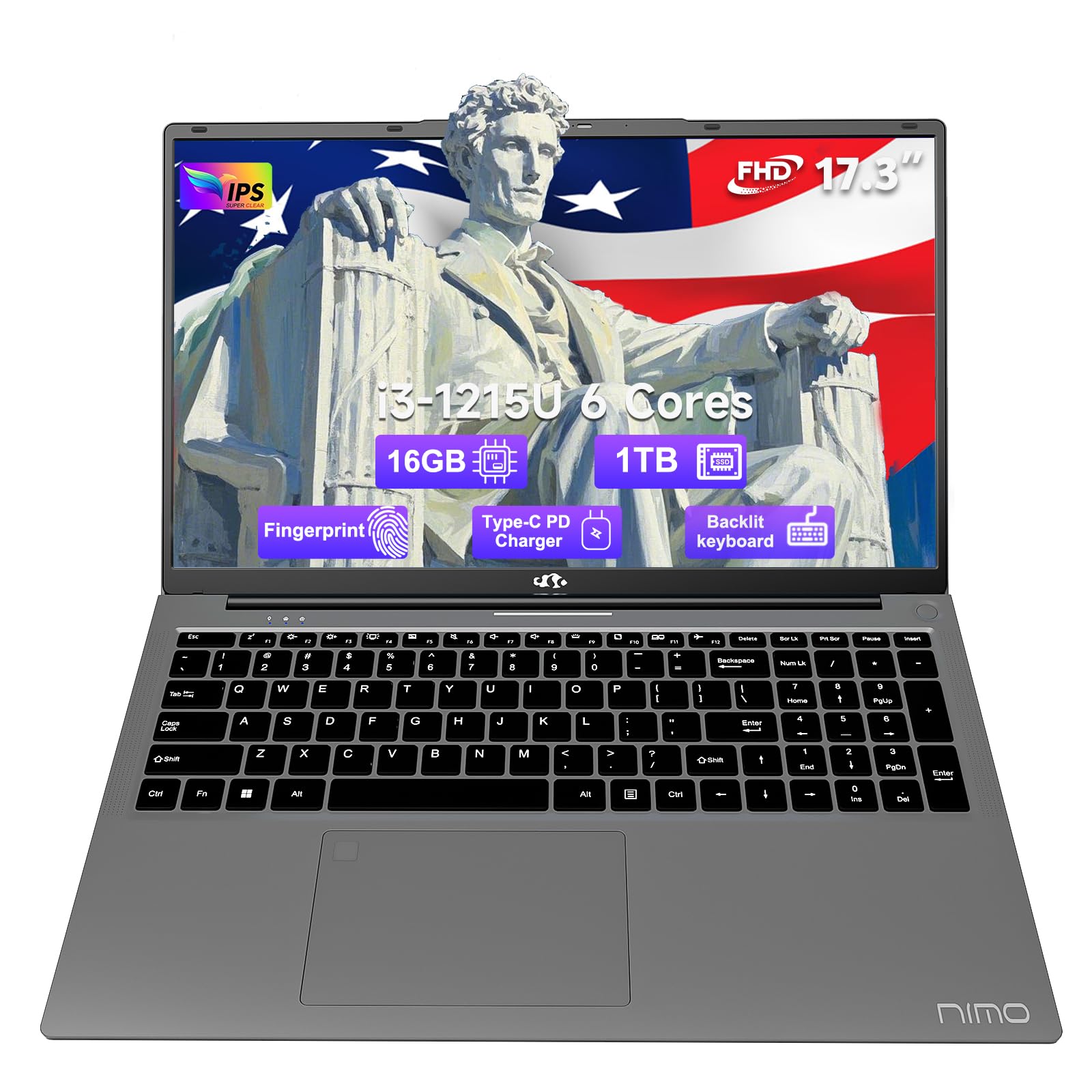 NIMO 17.3 Business-Laptop, 16GB RAM 1TB SSD, Intel Core i3-1215U, Windows 11 Computer PC with Backlit Keyboard Fingerprint Unlock 65W Type-C WiFi 6 BT5.2 54Wh Battery for Students Seniors Home Office