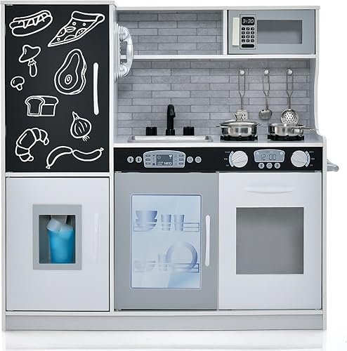 Costzon Juego de cocina para niños, juego de juguetes de cocina de madera con pizarra, teléfono, microondas, máquina de hielo, lavavajillas y horno,