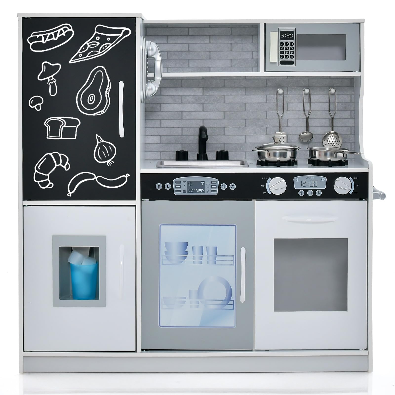DREAMADE Kinderküche Holz mit Zubehör, Kinderspielküche Holzküche mit Herd Geschirrspüler Eismaschine Kühlschrank mit Tafel, Spielküche für Jungen und Mädchen ab 3 Jahren (Weiß)