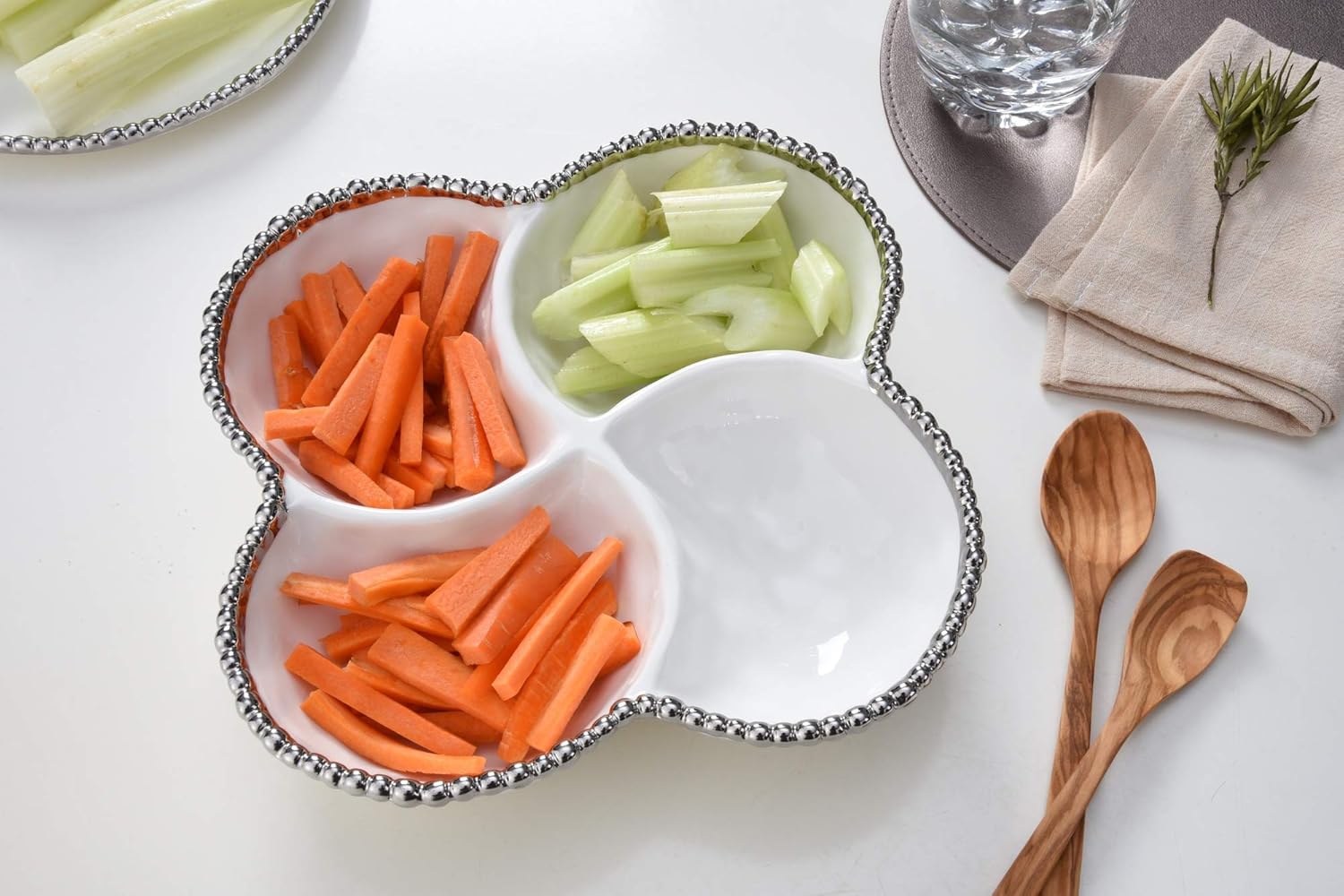 Pampa Bay Salerno Porcelain 4-Section Bowl, White with Silver Trim