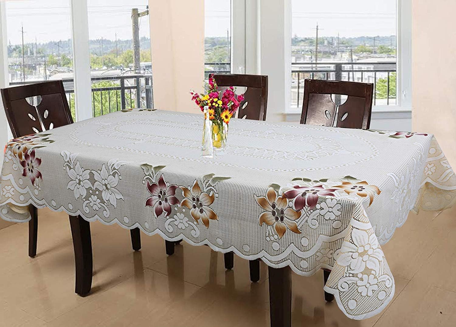 Cotton Dining Table Cover 6 Seater | Durable Table Cover Cloth For Kitchen | Table Cloth for Home, Hotel, Office & Restaurant | Reusable Cloth Cover for Table top | Flower - Cream
