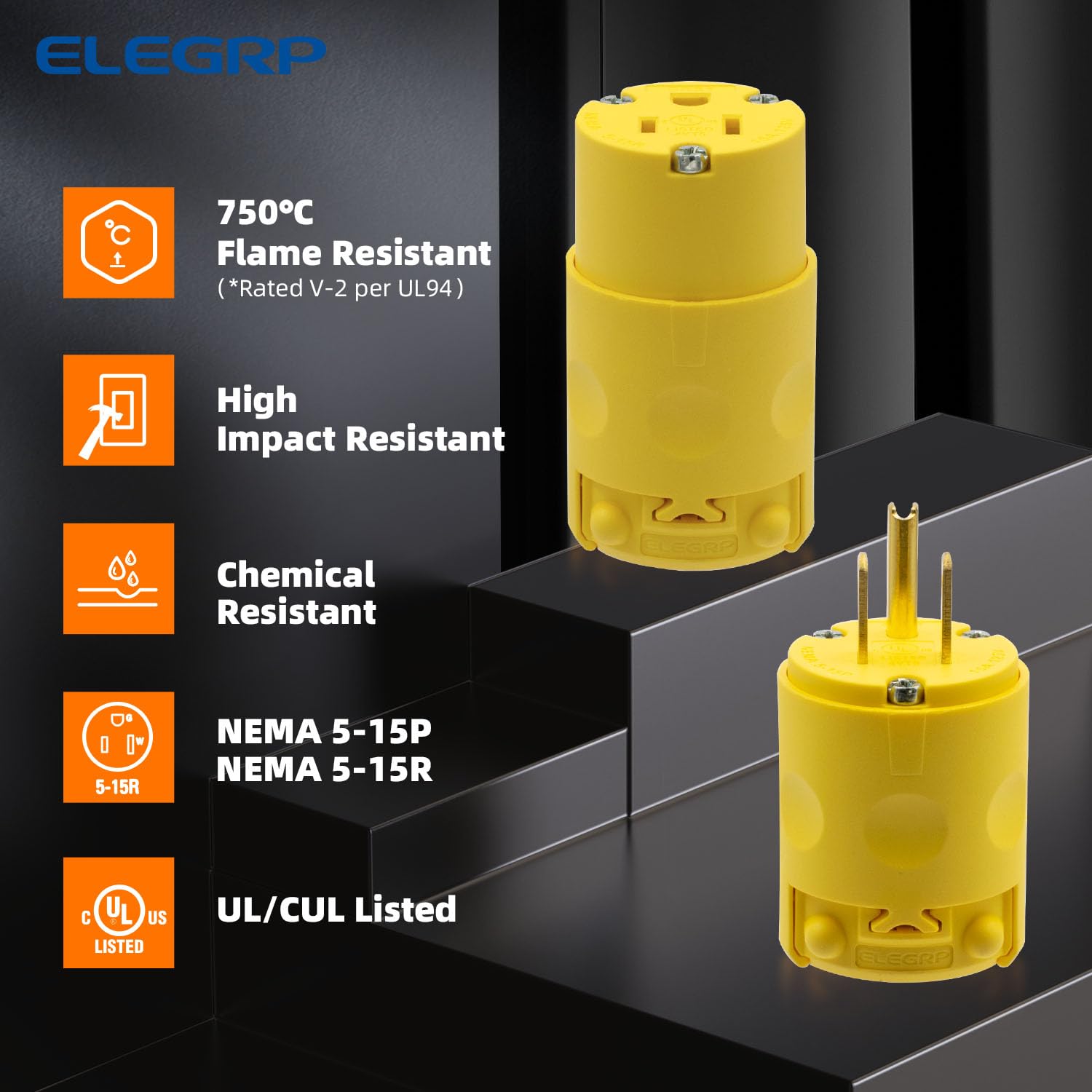 ELEGRP Straight Blade Electrical Plug and Connector Set 15 Amp 125 Volt NEMA 5-15P NEMA 5-15R 2 Pole 3 Wire Grounding, Commercial Grade, Yellow, 5 Set