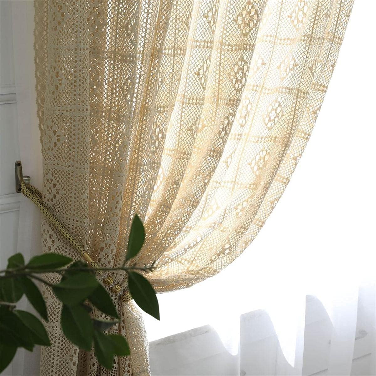 Boho Curtains for Living Room Vintage Crochet Lace Curtains for Farmhouse Retro Hollow Sheer Curtain Panels for Window Treatment Light Filtering Cotton Curtain Drapes for Patio 1 Panel W55 X H79 Inch