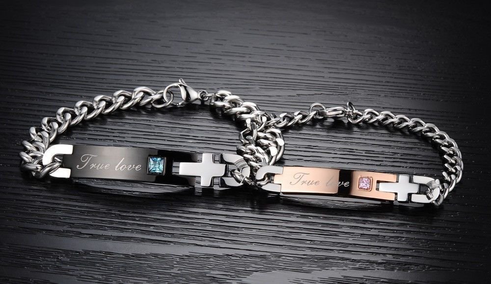 Kim Johanson Edelstahl Pärchen Schmuckset Armbänder & Ketten "Happiness" für verliebte Roségold & Schwarz mit Cubic Zirkonia inkl. Schmuckbeutel