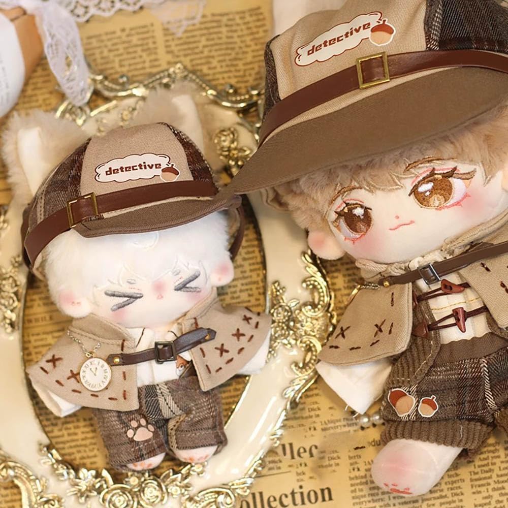 niannyyhouse 10cm 15cm 20cm Doll Clothes Brown Hat Shirt Strap Pants Shawl Vest Leather Shoes Vintage Detective Suit Soft Plush Toy Dress Up (20cm)