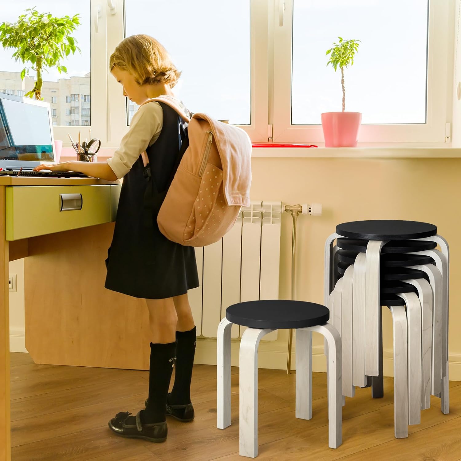 FairySandy 6 Pcs Black Bentwood Stool, Wooden Stackable Stools, Dining, Kitchen, Home, Garden, Living Classroom