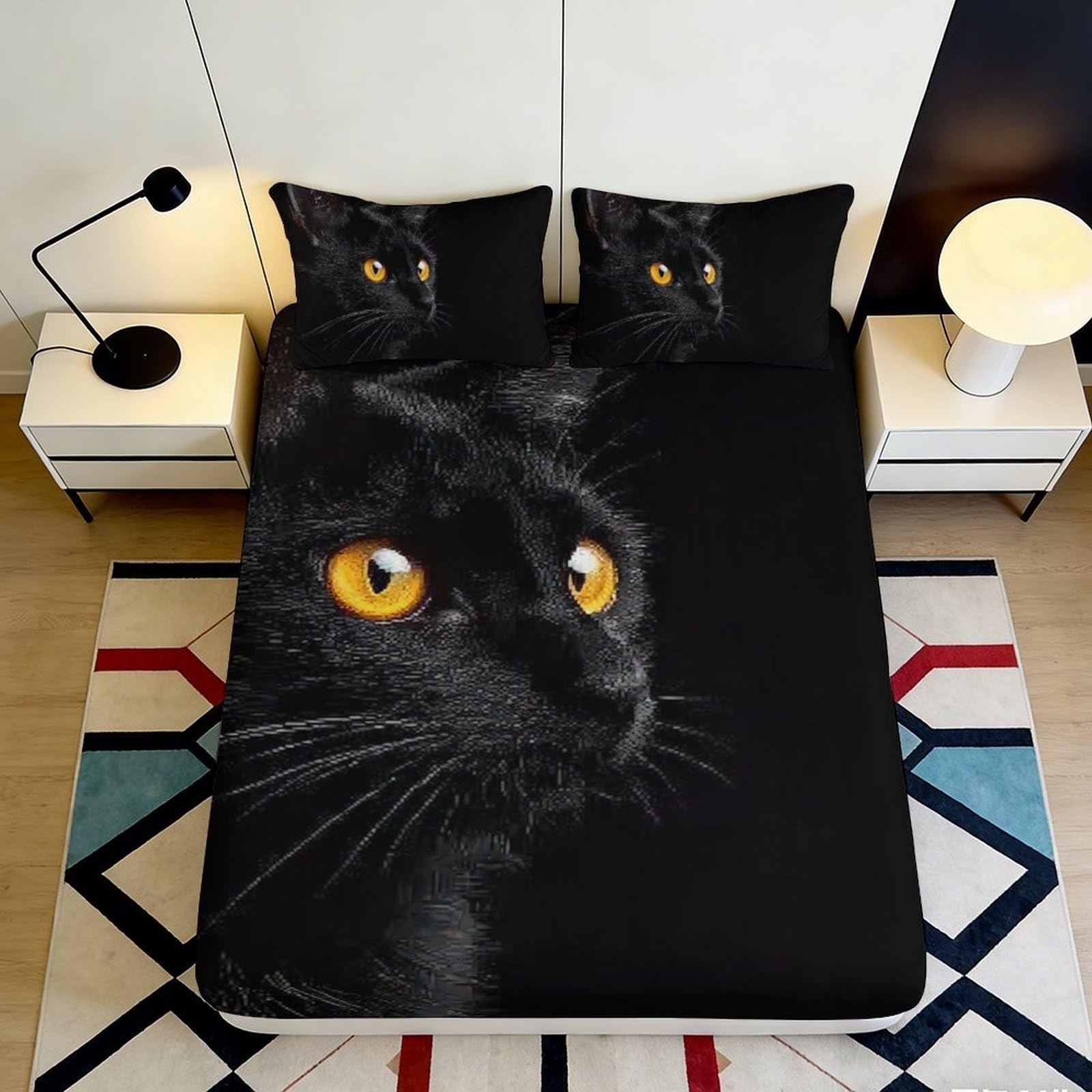 3D Printed Black Cat Fitted Sheet Microfiber Deep Pocket Bedroom Bedding Black Cat Mattress Fitted Cover Adult 140x200x25cm