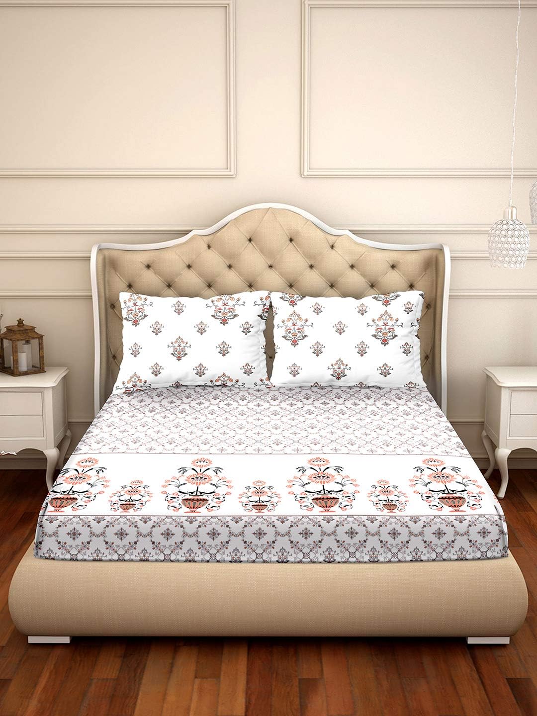Bella Casa300TC Shades od Shraddha Collection Cotton Super King Size Bedsheet with 2 Pillow Covers with Classical Prints and Skin Friendly (274 cm X 274 cm)(Floral Design)(Peach Colour)-SSC1046