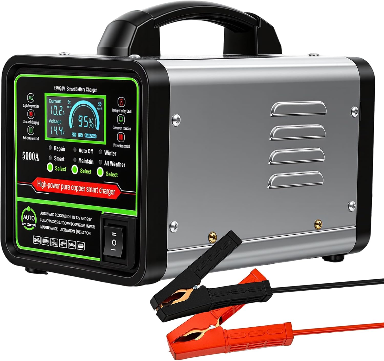 24V 12V Car Battery Charger Heavy Duty Trickle Charger for Car Battery 0-15A Smart Automotive Lead-Acid Battery Maintainer with Auto Off/Repair/Winter Modes LCD Display for Car Truck RV Lawn Mower