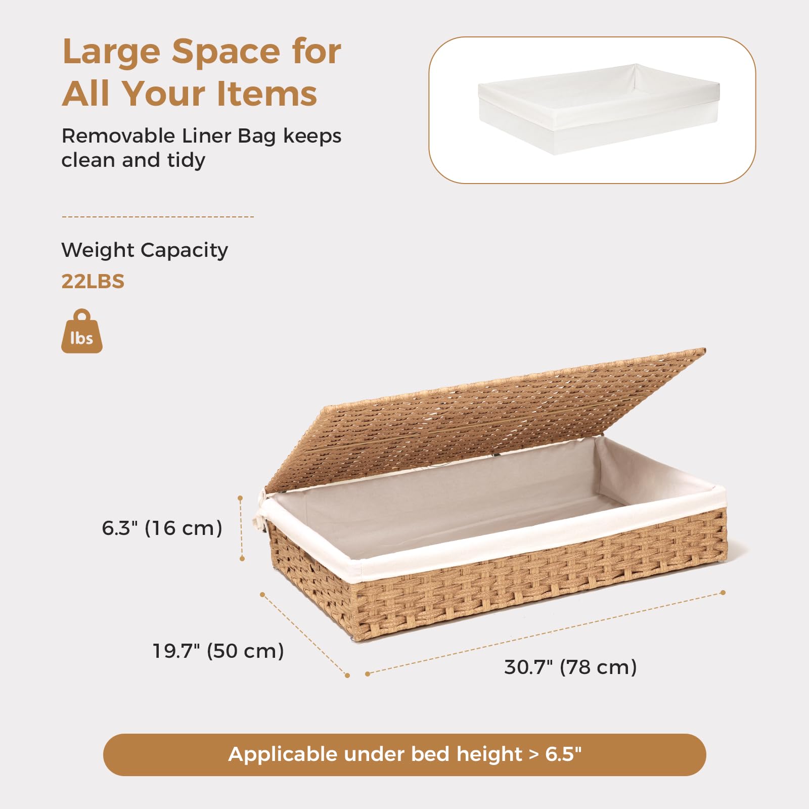 Contenitore sotto il letto con coperchio, contenitore sottoletto intrecciato a mano, per camera da letto, grande cesto portaoggetti da mettere sotto il letto, cestino portaoggetti in vimini