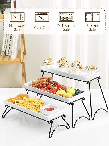 Miniatura 9 de Yedio Juego de bandejas para servir de 3 niveles de porcelana de 12 pulgadas, bandejas para servir escalonadas, soporte plegable más resistente con