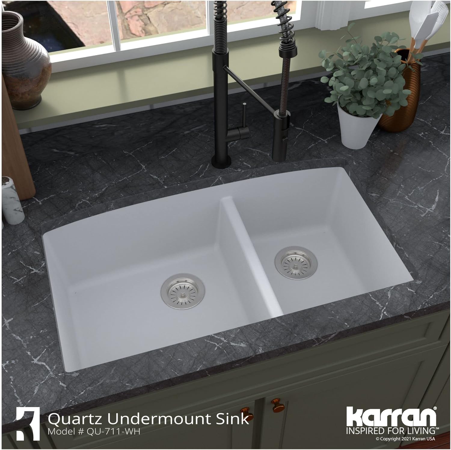 Karran QU-711 Undermount Quartz Composite 32 in. 60/40 Double Bowl Kitchen Sink Kit in Black
