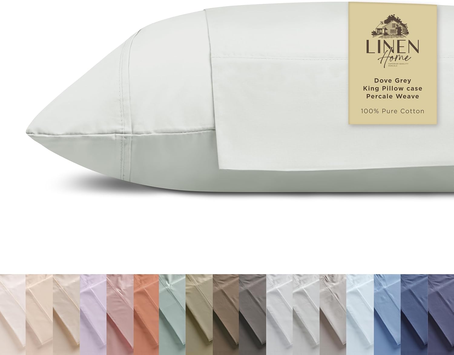 Linen Home 100% Cotton Percale Pillowcases King Size, Dove Grey, 2 Pieces of Pillow Case, Crisp and Cool Strong Bed Linen, 20 inches X 40 inches Solid Pillowcases King Pillowcase Dove Grey