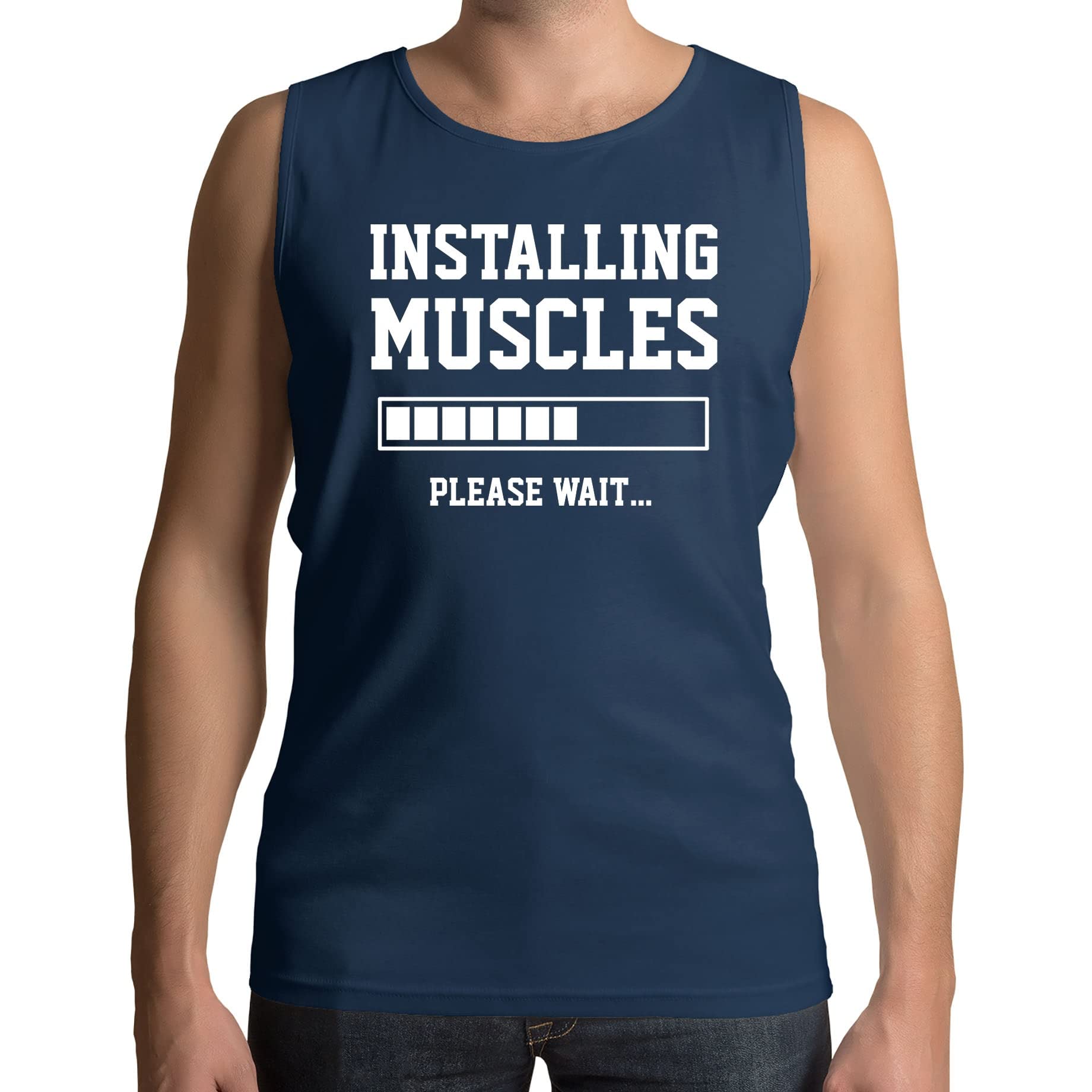 Flip Unisex Navy Blue Installing Muscles Please Wait Gym Slogan Funny Mens Vest Tank Top (L)