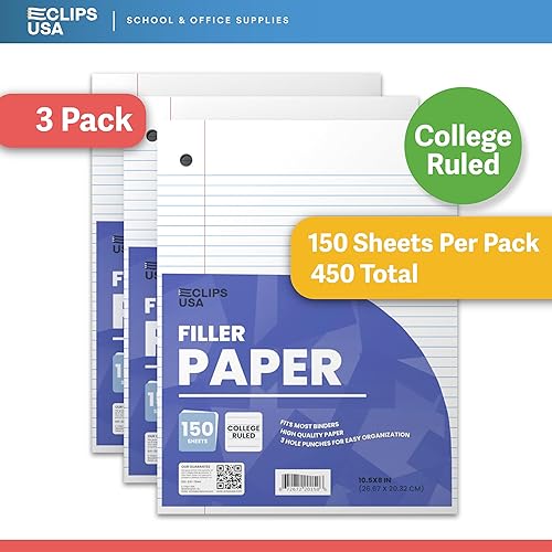 Miniatura 2 de Papel para cuaderno, papel de hojas sueltas, papel rayado universitario, 10.5 x 8 pulgadas, papel de relleno, 1.98 ozm, 150 hojas por paquete, 450