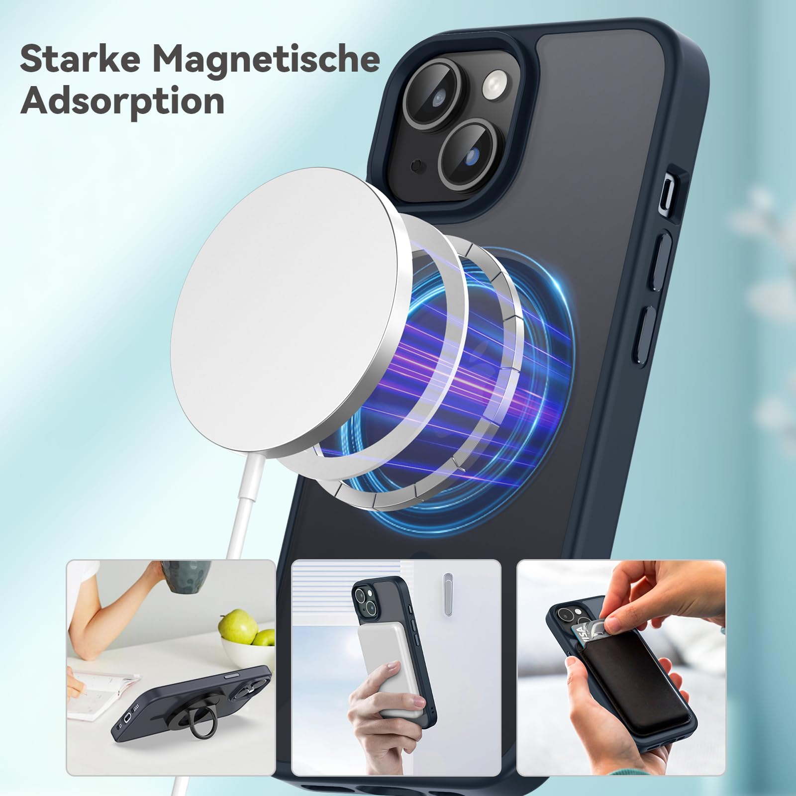 Natiiozie Magnetica Cover per iPhone 13/iPhone 14 Compatibile con MagSafe Custodia Traslucida Opaca Posteriore, Antiurto Anti-impronta Resistente ai Graffi Protettiva Case Blu Scuro