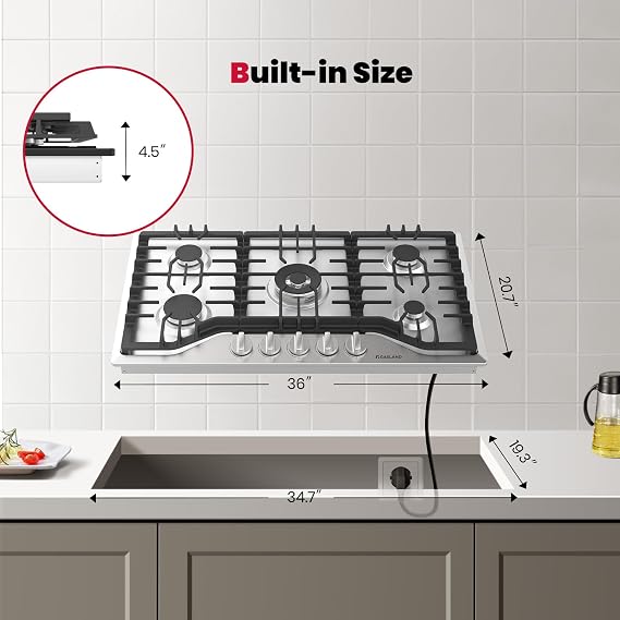 GASLAND 36 Inch Gas Cooktop, PRO GH2365SF 5 Italy Sealed Burner | Propane Stovetop, NG/LPG Convertible , Plug-in with Thermocouple Protection, CSA Certified, Stainless Steel