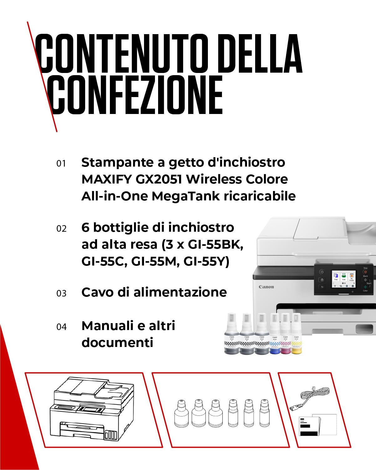 Canon Stampante WiFi per Casa e Ufficio MAXIFY GX2051 - Stampante Multifunzione MegaTank con Scanner, Fax e Fotocopiatrice per Casa | Include 6 flaconi di inchiostro