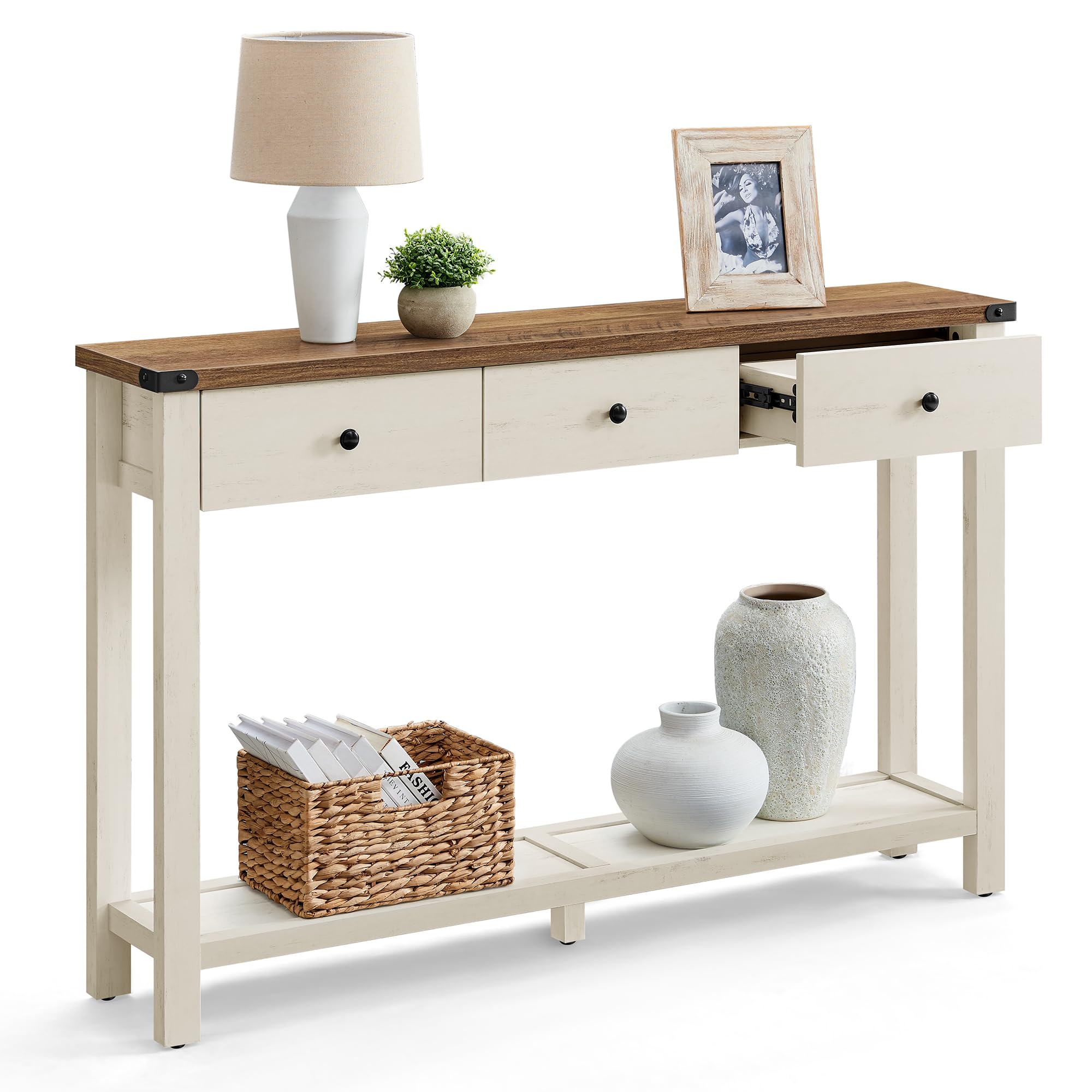 VASAGLE Console Sofa Table, Narrow Entryway Table with 3 Drawers, Open Storage Shelf, Metal Corners, for Living Room, Farmhouse Style, Honey Brown and