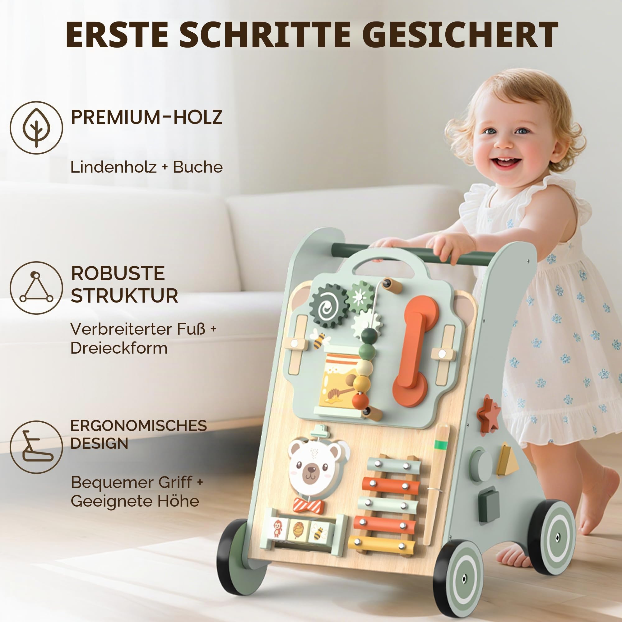 WOODMAM Baby Lauflernwagen aus Holz Lauflernhilfe ab 12+ Monaten Montessori Spielzeug Multifunktion Baby Walker Spielzeug für Kleinkind ab 1 Jahr Geschenk für Jungen und Mädchen