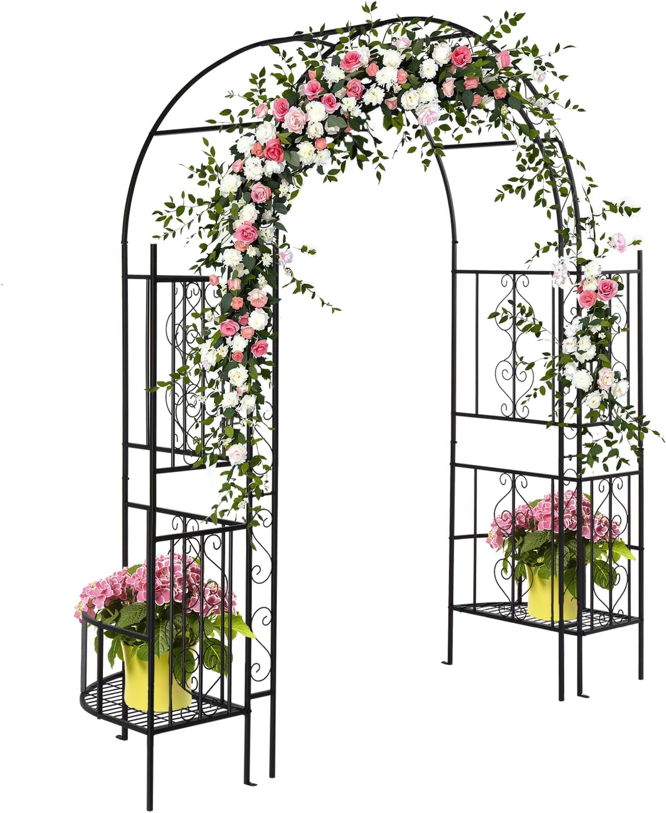 Garden Arbor with Planter Boxes, 7FT Wedding Arches for Ceremony, Metal Garden Arch for Climbing Plants Outdoor, Black Garden Archway for Lawn, Patio and Backyard, Includes Ground Stakes