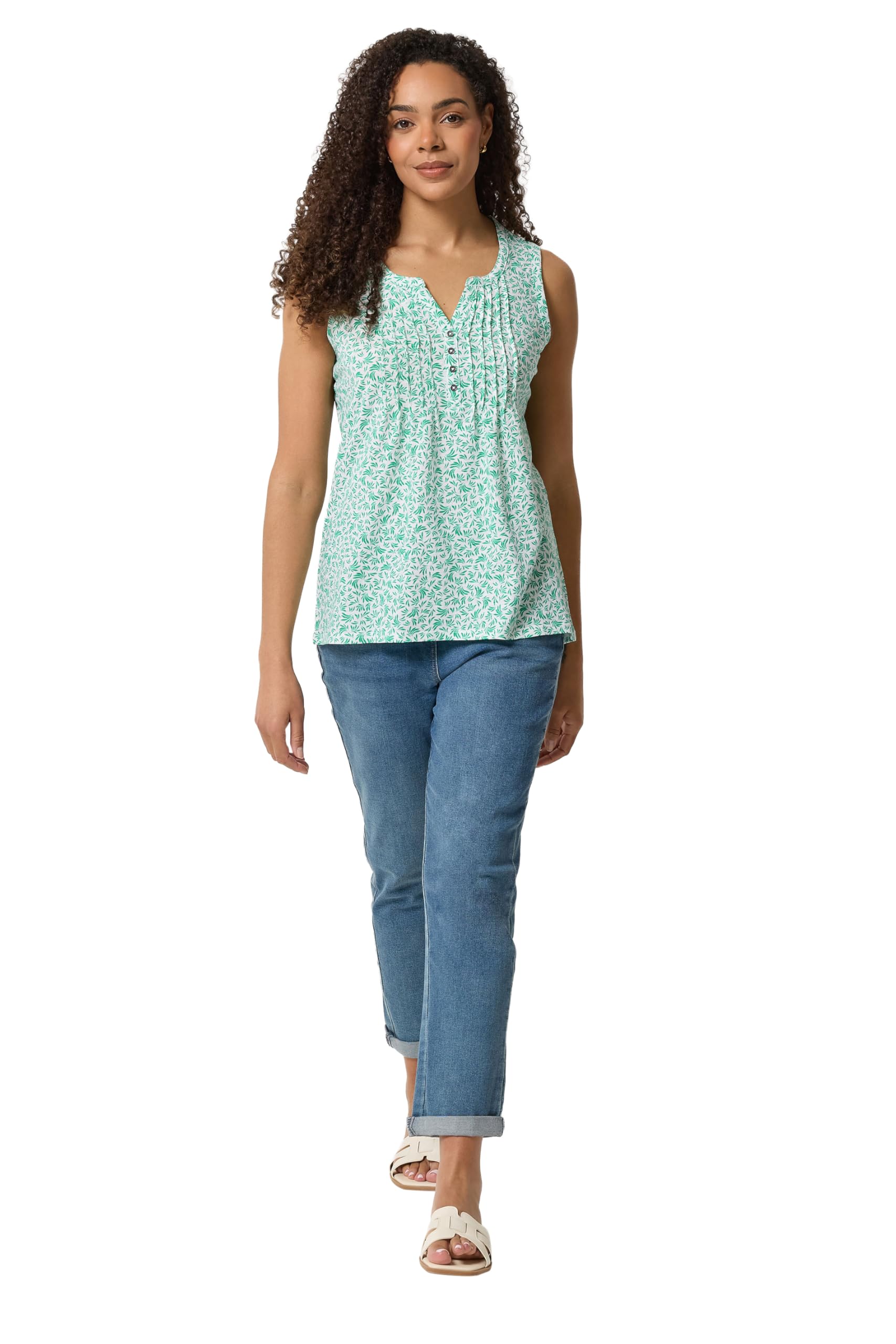 M&Co Women's Mint Printed Cotton Sleeveless Henley Top In Size 16