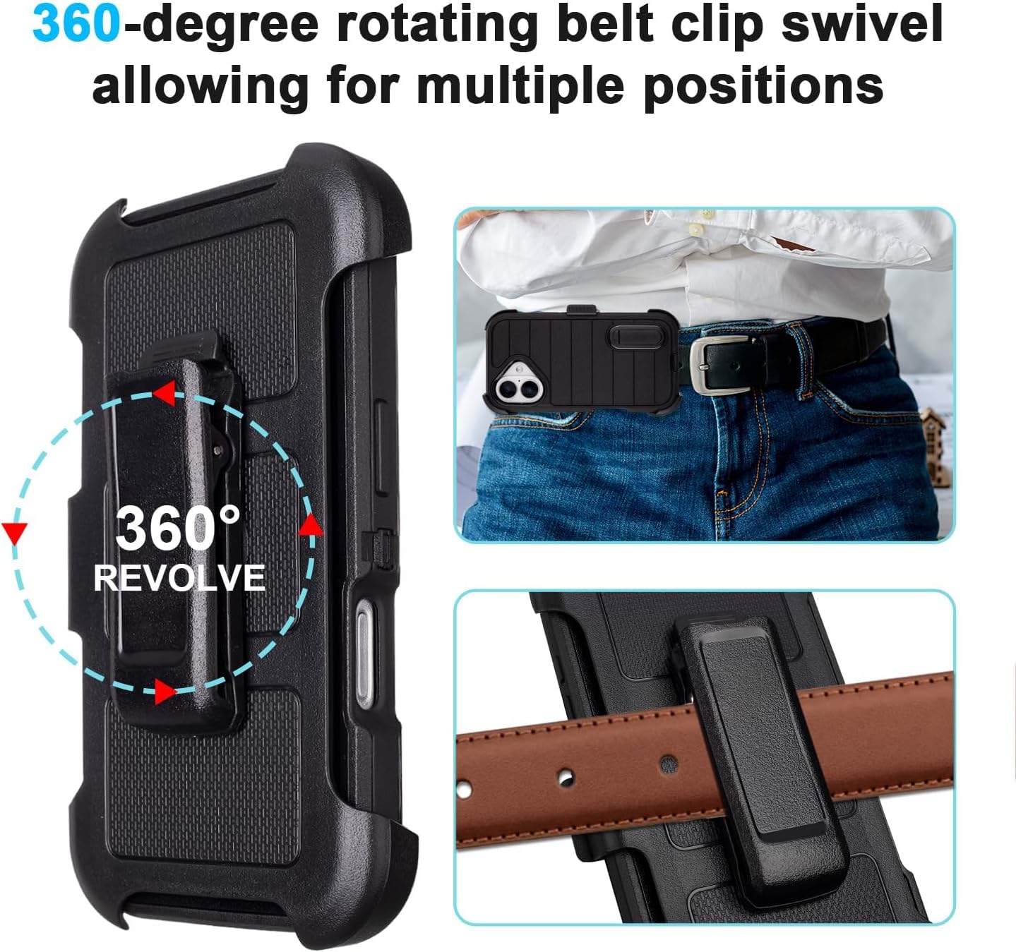 Black for iPhone 16 Case with Belt Clip Holster, Heavy Duty Rugged Military Grade Shockproof Cases for iPhone 16 Case Protective Cover with Kickstand 6.1 Inch