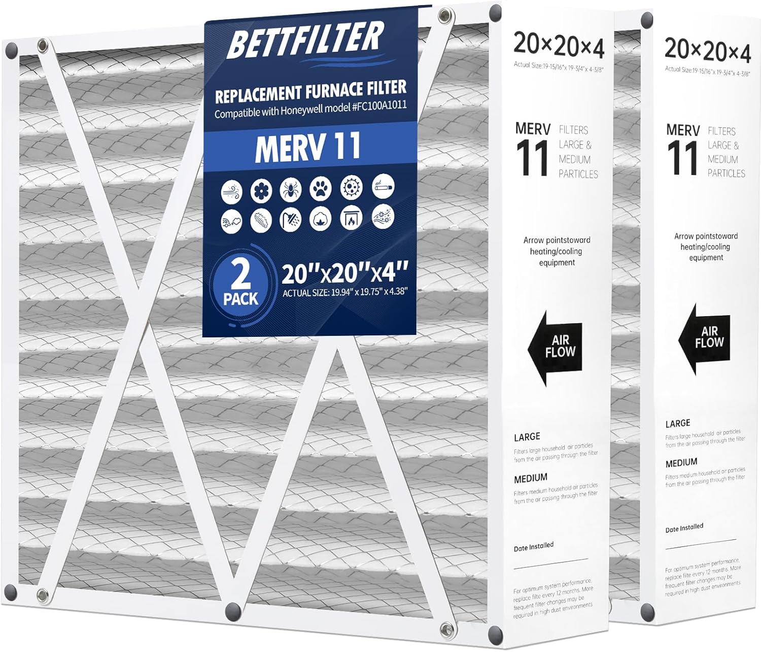 20x20x4 AC Furnace Air Filter Compatible with Honeywell FC100A1011, MERV 11 HAVC Filter Replacement, Actual Size:19.94"x19.75"x4.38", Pack of 2
