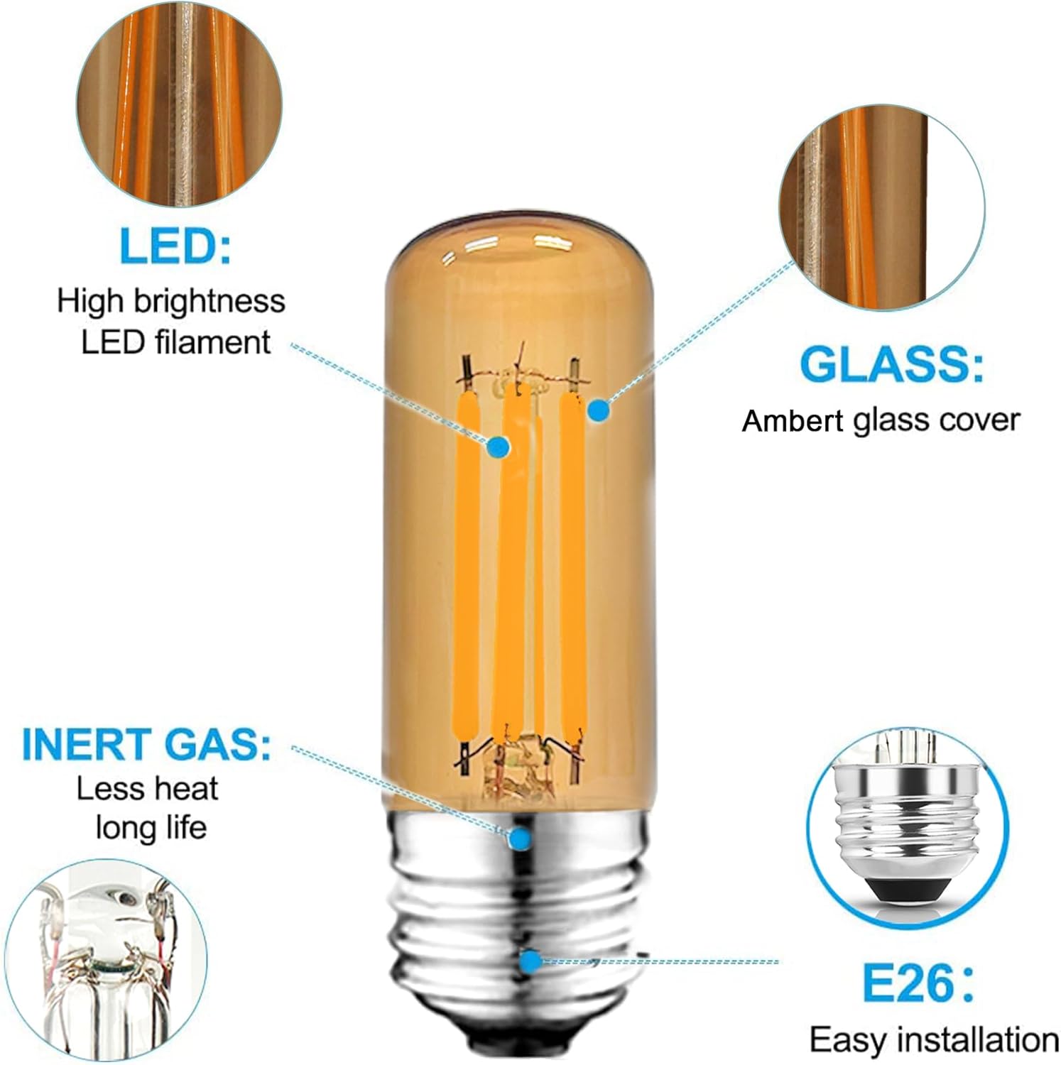 3.2 Inch 2200K Amber White E26 LED Bulb 60 Watt Equal, AC 120V 600LM Edison Bulbs Dimmable, 6W T10 T30 Tubular Filament Light Bulbs Glass for Fan Pendant Wall Light, UL Certified-4 Pack