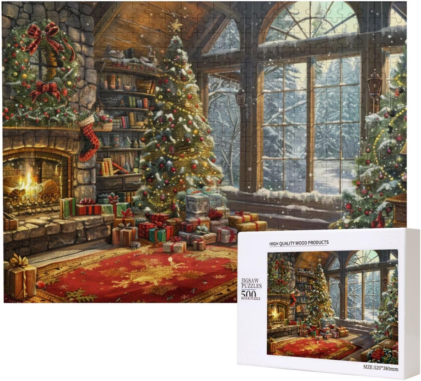 Cafemira Fireplace and Christmas Tree,Adult Wooden Jigsaw Puzzle 500 Piece,Relax and Enjoy The Fun of Solving Puzzles,Challenging Brain Exercise,Exercise Your Hands On Skills