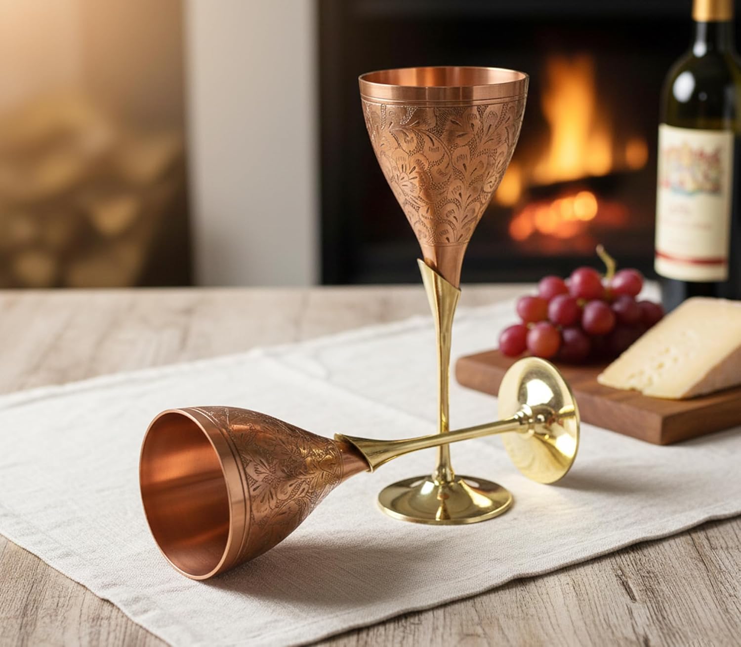 StonKraft Engraved Brass Goblets Champagne Glasses Flutes Coupes Wine Glass Set (Copper Finish)